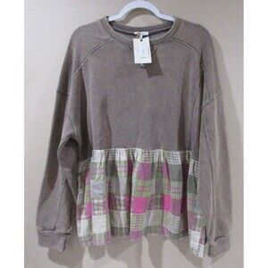 NWT Easel Sweatshirt Top Women Small Brown with Patchwork Ruffle MSRP 68.00